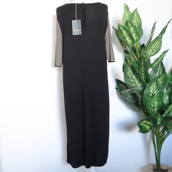 Marina Rinaldi Black Beige Viscose Wool Cashmere Striped Knit Shift Midi Dress - Picture 6 of 11